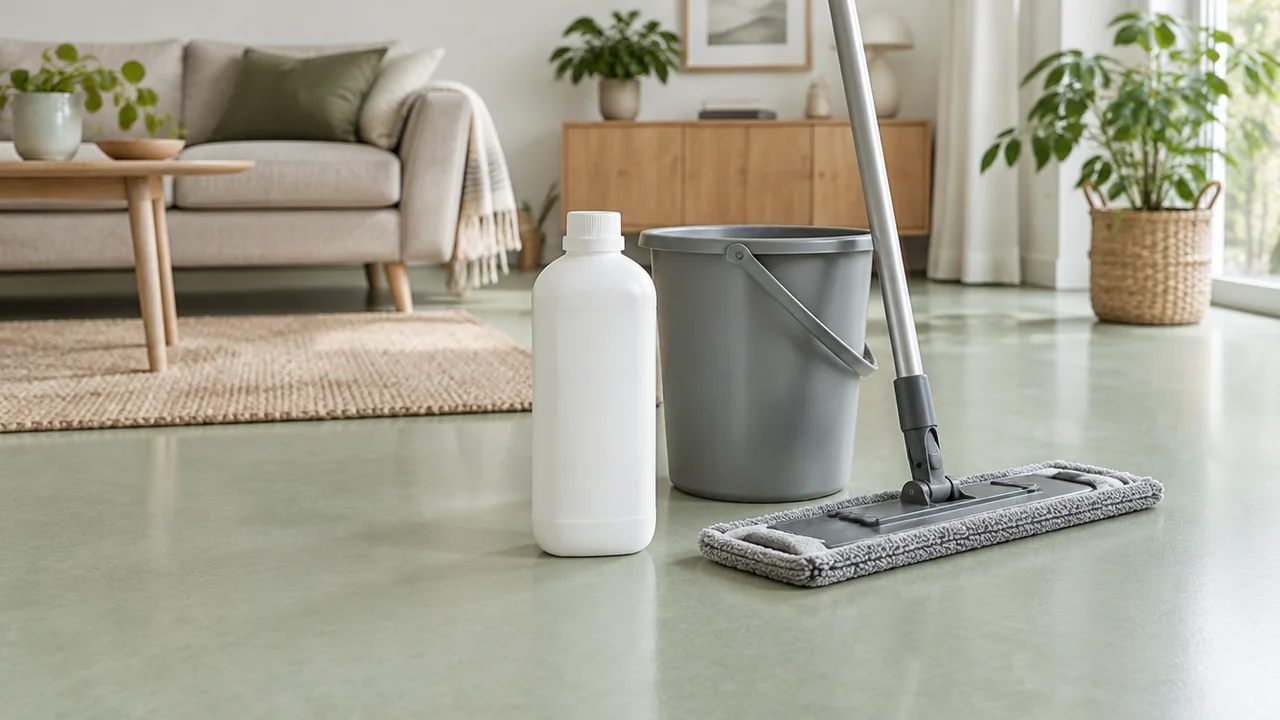 Fles neutrale vloerreiniger zonder etiket, emmer en microvezelmop op een lichte marmoleum vloer